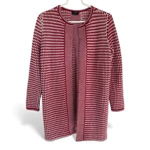 Talbots Merino Wool Long Cardigan Red White Petite Large | Open Front